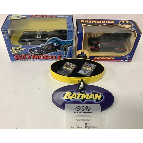 44 - Batman related group to include Corgi 1:18 and 1:24 scale Batmobiles, 1:18 scale Hot Wheels Batmobil... 