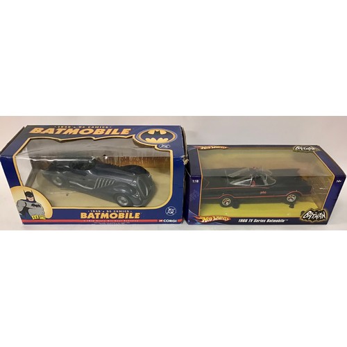 44 - Batman related group to include Corgi 1:18 and 1:24 scale Batmobiles, 1:18 scale Hot Wheels Batmobil... 