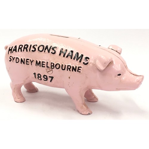 100 - Harrison's Hams cast metal pig money box 20cm long.