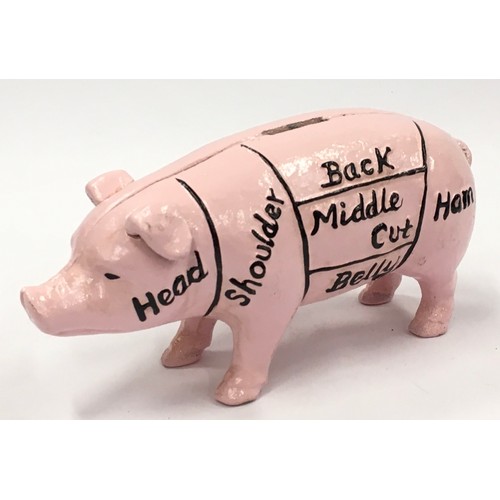 100 - Harrison's Hams cast metal pig money box 20cm long.