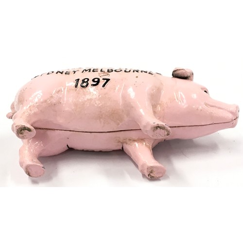 100 - Harrison's Hams cast metal pig money box 20cm long.