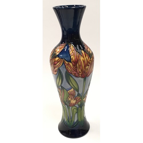 2 - Moorcroft tall navy vase decorated with orange flowers 2001. 31cm tall. Signed and marked to base.