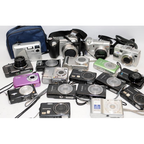 163 - Large quantity of compact digital cameras, makes such as Canon, Olympus, Sony and Lumix. 20 in lot, ... 