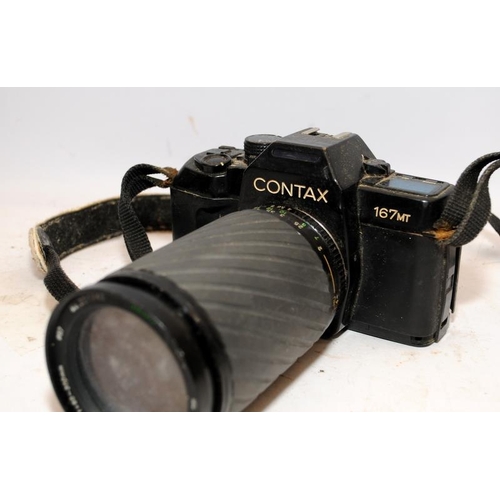 167 - Collection of vintage 35mm SLR cameras to include a Contax 167MT and an Olympus OM10. Five in lot, a... 