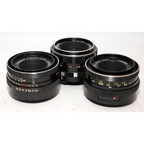 168 - Three 50mm prime lenses, two Carl Zeiss Jena Tessar F2.8 lenses with M42 screw mounts and a Meyer Op... 