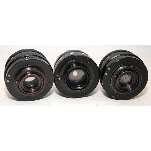 168 - Three 50mm prime lenses, two Carl Zeiss Jena Tessar F2.8 lenses with M42 screw mounts and a Meyer Op... 