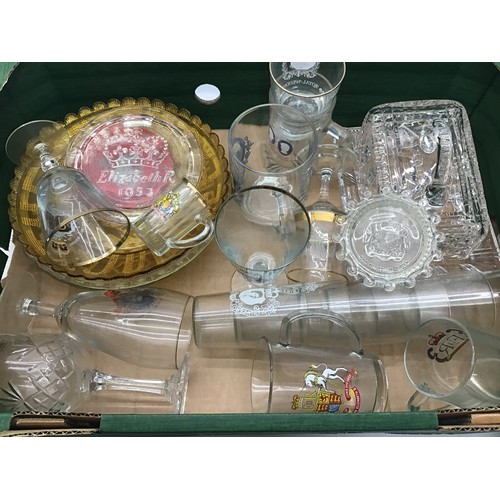 91 - 2 boxes of various glassware to include collectable commemorative ware.