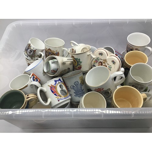 129 - Large container of over 40 pieces of commemorative ware.