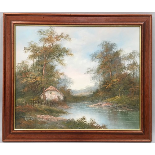 392 - R. Danford art oil on canvas depicting a country cottage aside a river signed bottom left 75x63cm