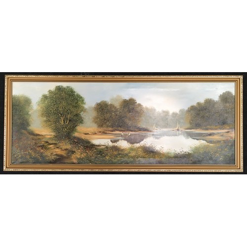 398 - Les Parsons: Large gilt framed oil on canvas painting of a river scene signed to bottom left 130x52c... 