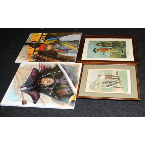 400 - Two framed golf related prints and two original acrylic paintings of pirates signed Gege. Largest fr... 