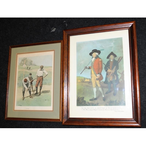 400 - Two framed golf related prints and two original acrylic paintings of pirates signed Gege. Largest fr... 