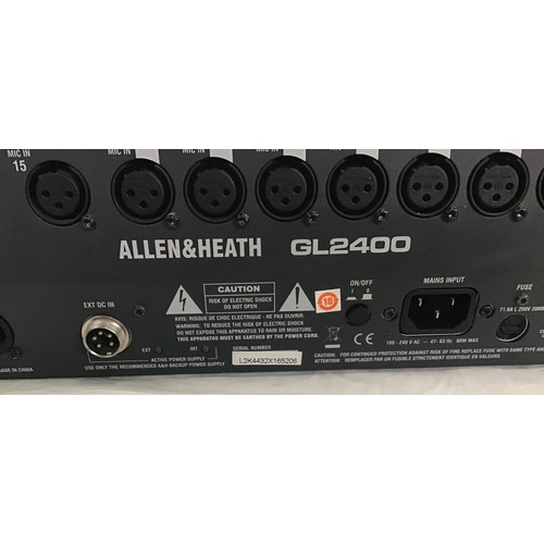 72 - Allen & Heath GL2400 mixing desk which powers up when plugged in.