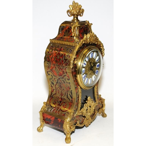 204 - Antique French Boulle mantel clock with faux tortoiseshell and ormolu case, dial features hand paint... 