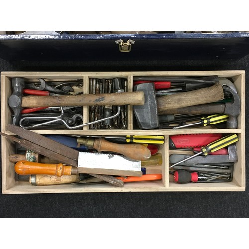 75 - A wooden box containing a large collection of various vintage hand tools.