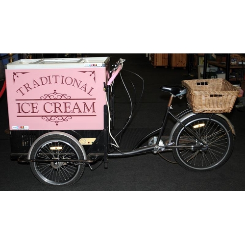 142 - Traditional Ice Cream sales tricycle with ice cream freezer to front and wicker basket to rear. Requ... 