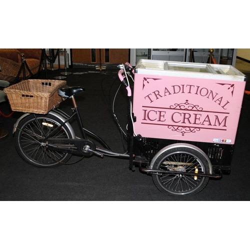 142 - Traditional Ice Cream sales tricycle with ice cream freezer to front and wicker basket to rear. Requ... 