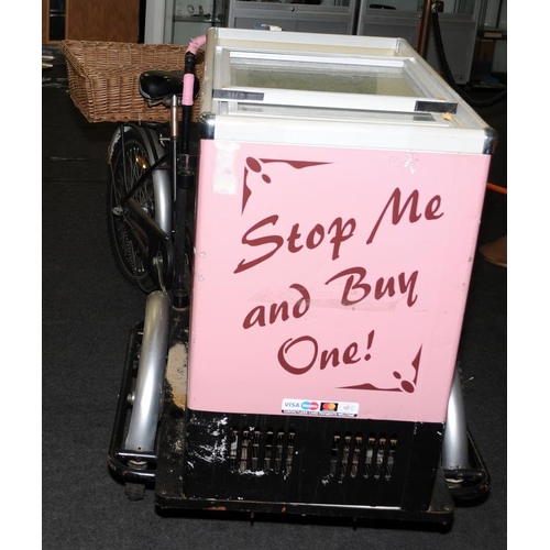 142 - Traditional Ice Cream sales tricycle with ice cream freezer to front and wicker basket to rear. Requ... 