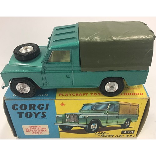 89 - Corgi 438 Land Rover (109WB) - metallic green, lemon interior, dark green plastic canopy, silver tri... 