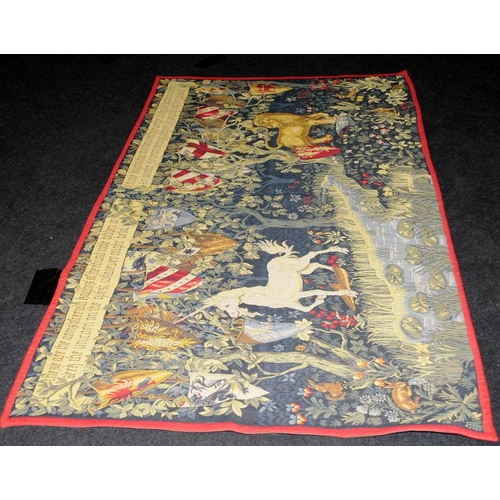 145 - Large fabric backed tapestry wall hanging depicting the shields of the Knights of the Round Table wi... 