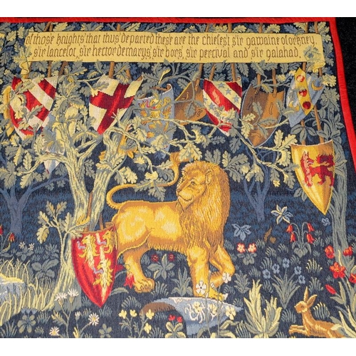 145 - Large fabric backed tapestry wall hanging depicting the shields of the Knights of the Round Table wi... 