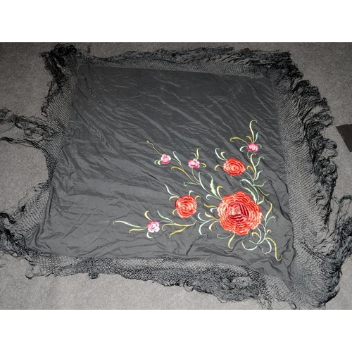 183 - Antique Edwardian shawl in black fabric with embroidered flower decoration. Main panel approx 110cms... 