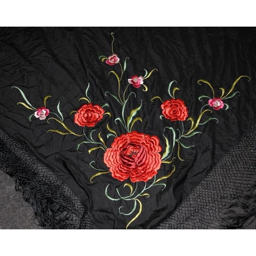 183 - Antique Edwardian shawl in black fabric with embroidered flower decoration. Main panel approx 110cms... 