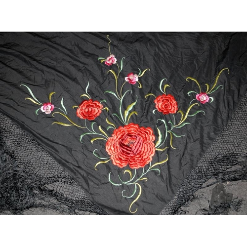 183 - Antique Edwardian shawl in black fabric with embroidered flower decoration. Main panel approx 110cms... 