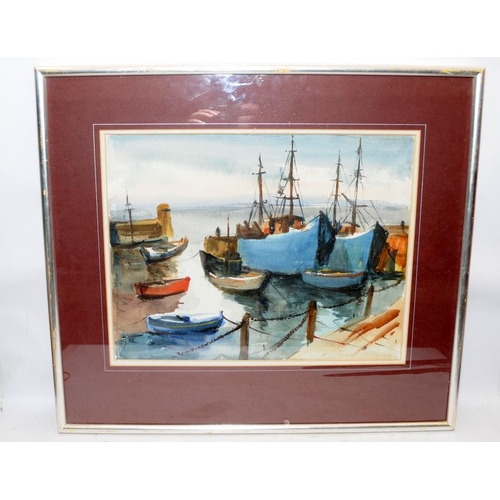 402 - Framed and signed original watercolour of ships in harbour. O/all frame size 65cms x 57cms