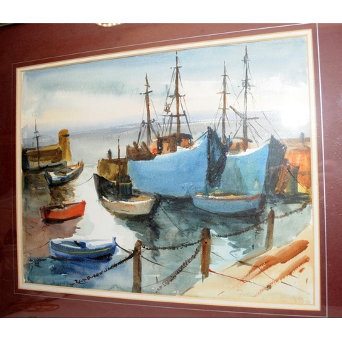 402 - Framed and signed original watercolour of ships in harbour. O/all frame size 65cms x 57cms