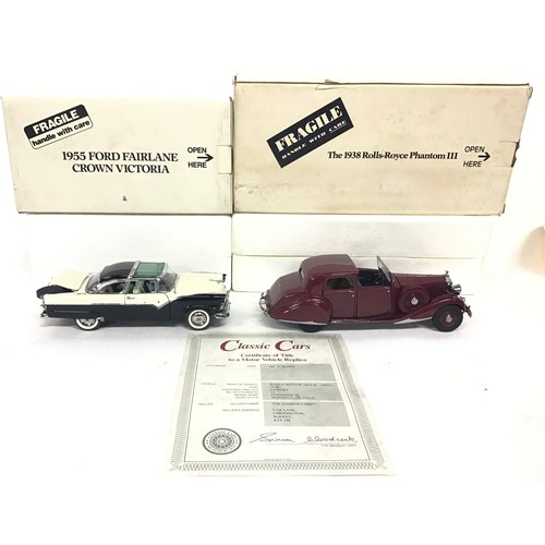 29 - 2 Danbury Mint models: Rolls Royce Phantom III with certificate and 1955 Ford Fairlane Crown Victori... 