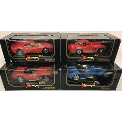 11 - Burago 1/18 scale boxed models to include Mercedes Benz 300 SL, Bugatti Type 59, Ferrari GTO, Ferrar... 