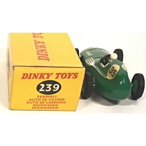 96 - Dinky 239 Vanwall Racing Car - green, mid-green ridged hubs with black treaded tyres, silver trim, b... 