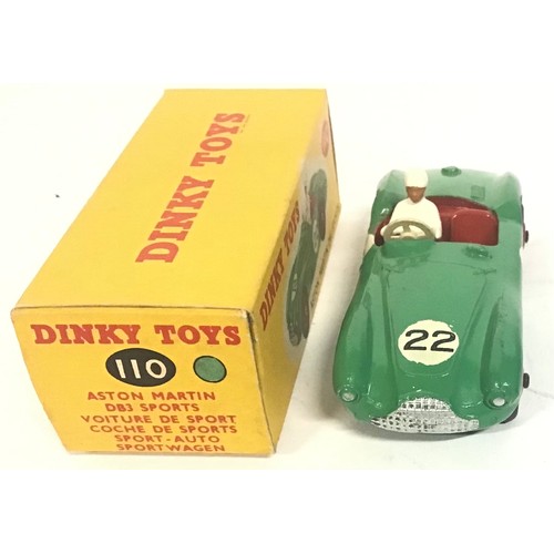 97 - Dinky 110 Aston Martin DB3 Sports Car - mid-green, red interior and ridged hubs, figure driver, silv... 