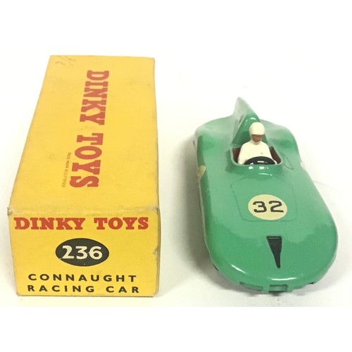 98 - Dinky 236 Connaught Racing Car - green body, red seat with white figure driver, black bonnet flash, ... 