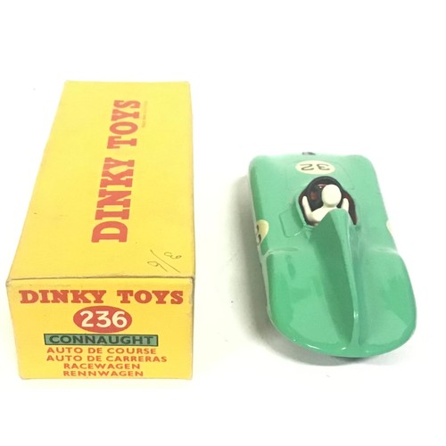 98 - Dinky 236 Connaught Racing Car - green body, red seat with white figure driver, black bonnet flash, ... 