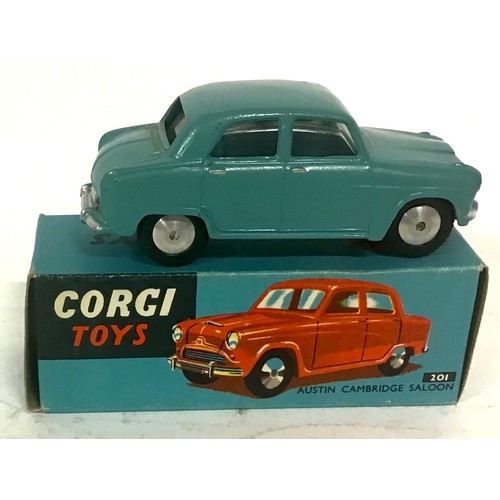 101 - Corgi 201 Austin Cambridge Saloon - drab light blue, silver trim, flat spun hubs - Excellent to Near... 