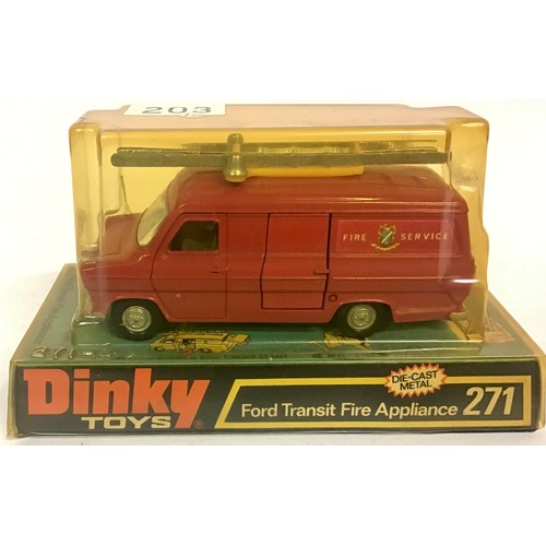 124 - Dinky 271 Ford Transit Fire Appliance - red, cast hubs. appears Excellent in Fair Plus bubble Pack a... 