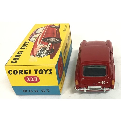 126 - Corgi 327 MGB GT Sports Car - red body, pale blue interior with black luggage case, chrome front and... 