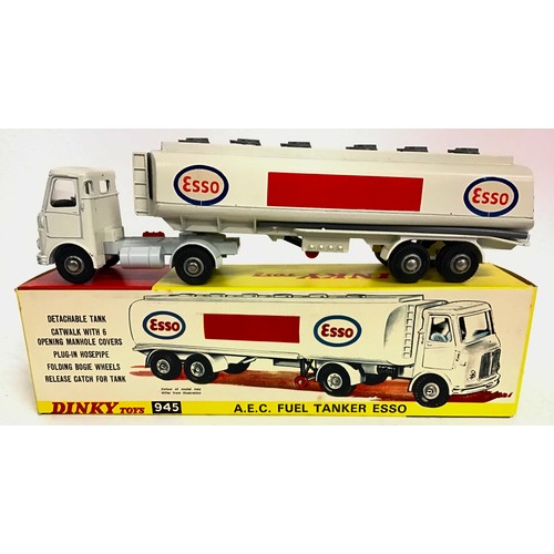 128 - Dinky 945 AEC “Esso” Fuel Tanker finished in white cab, pale grey chassis, black interior, white tan... 