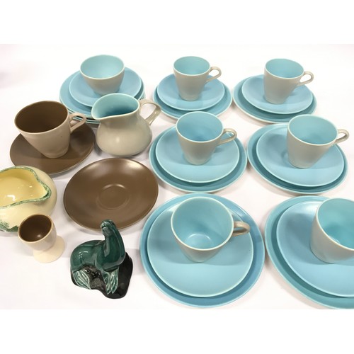 116 - Collection of Poole Pottery to include twin tone cups and saucers, Seal and Dorset fruits milk jug.