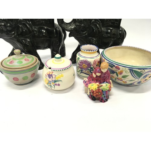 155 - Mixed lot to include a pair of pottery elephants, quantity of Poole Pottery, Royal Doulton figurine ... 