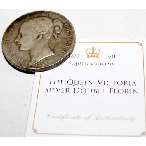 13 - 1847 Victoria silver crown c/w 1890 Victoria silver double florin with certificate.