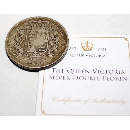 13 - 1847 Victoria silver crown c/w 1890 Victoria silver double florin with certificate.