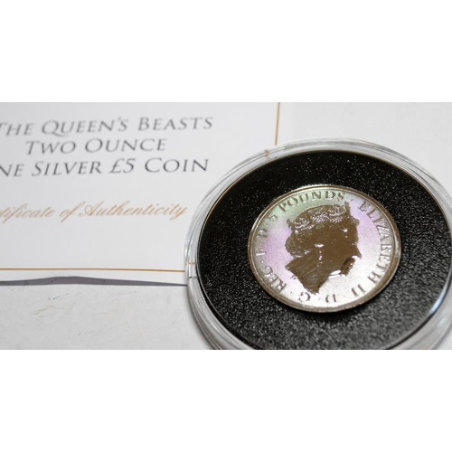 15 - The Queens Beasts 2 oz fine silver piedfort £5 coin. Limited edition of 2019. in presentation box wi... 