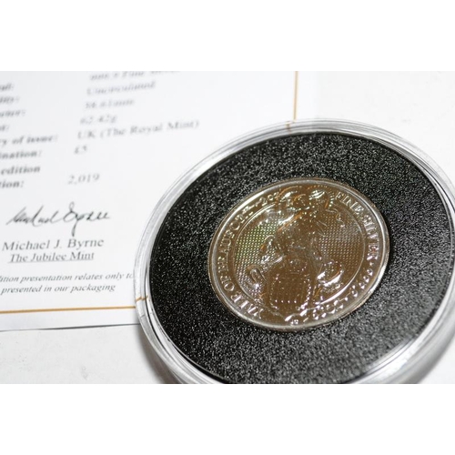 15 - The Queens Beasts 2 oz fine silver piedfort £5 coin. Limited edition of 2019. in presentation box wi... 