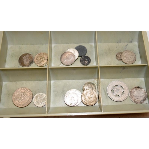 66 - Metal cash box containing a collection of coins and notes including some silver