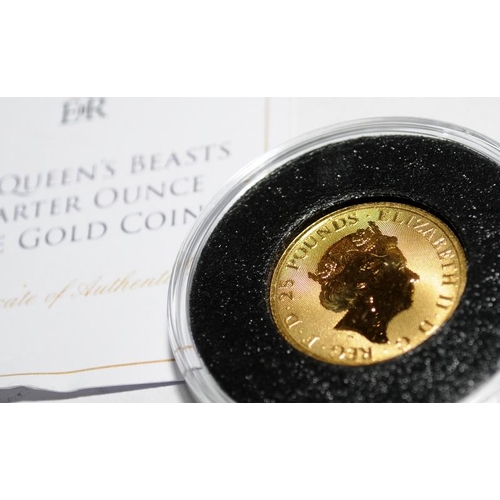 93 - .999/1000 fine gold 1/4oz Queens Beasts gold coin. Cased with certificate. Limited edition of 499