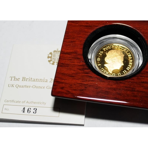 97 - .999/1000 fine gold 1/4oz Britannia. Proof struck in presentation case with certificate