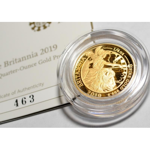 97 - .999/1000 fine gold 1/4oz Britannia. Proof struck in presentation case with certificate